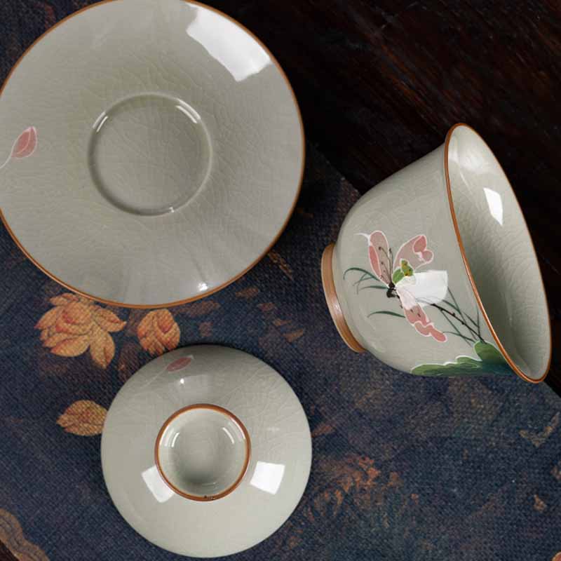 Buddha Stones Lotus Koi Fish Pod Leaf Ceramic Gaiwan Sancai Tazza da tè Kung Fu Tazza da tè e piattino con coperchio 140ml