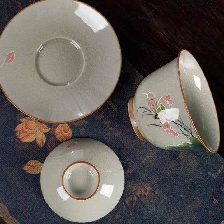Buddha Stones Lotus Koi Fish Pod Leaf Ceramic Gaiwan Sancai Tazza da tè Kung Fu Tazza da tè e piattino con coperchio 140ml