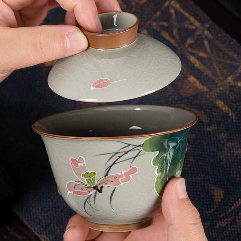 Buddha Stones Lotus Koi Fish Pod Leaf Ceramic Gaiwan Sancai Tazza da tè Kung Fu Tazza da tè e piattino con coperchio 140ml