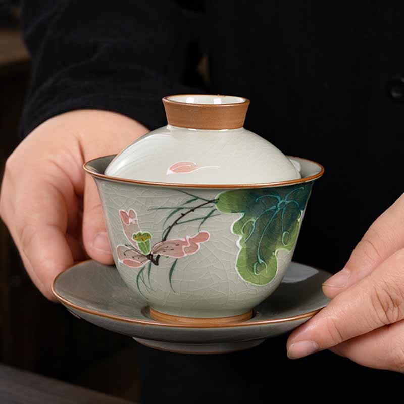 Buddha Stones Lotus Koi Fish Pod Leaf Ceramic Gaiwan Sancai Tazza da tè Kung Fu Tazza da tè e piattino con coperchio 140ml