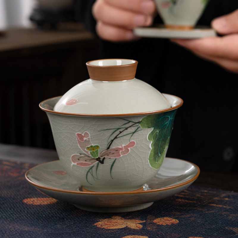 Buddha Stones Lotus Koi Fish Pod Leaf Ceramic Gaiwan Sancai Tazza da tè Kung Fu Tazza da tè e piattino con coperchio 140ml