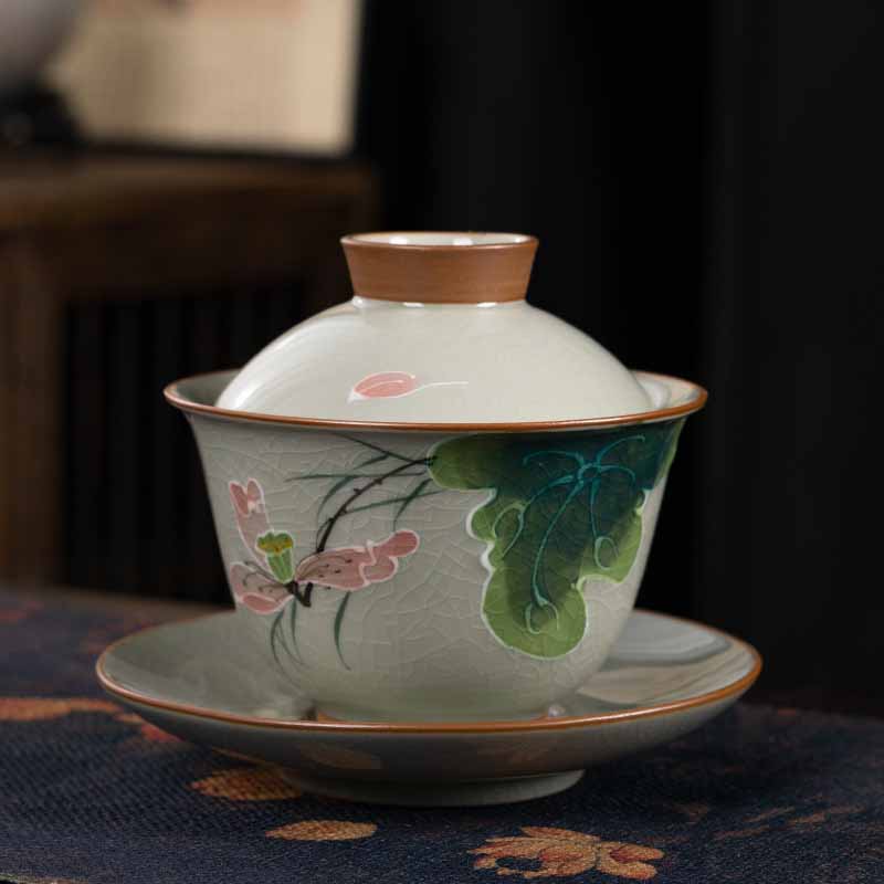 Buddha Stones Lotus Koi Fish Pod Leaf Ceramic Gaiwan Sancai Tazza da tè Kung Fu Tazza da tè e piattino con coperchio 140ml