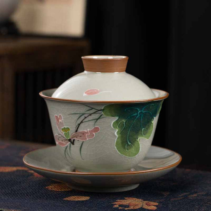 Buddha Stones Lotus Koi Fish Pod Leaf Ceramic Gaiwan Sancai Tazza da tè Kung Fu Tazza da tè e piattino con coperchio 140ml