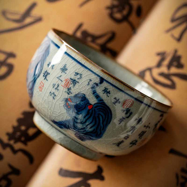 Buddha Stones Jingdezhen Tazza da tè in ceramica dipinta a mano con tigre carina Tazza da tè Kung Fu Ciotola da 140 ml