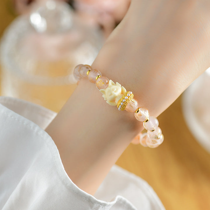 Bracciale con ciondolo a forma di loto, volpe a nove code, Buddha Stones, incenso tibetano, cenere, perle di vetro Liuli
