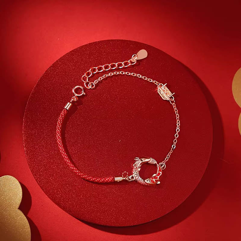 Braccialetto di protezione della fortuna con pesce koi in rame e pietre Buddha Stones in argento sterling 925 dell'anno del drago