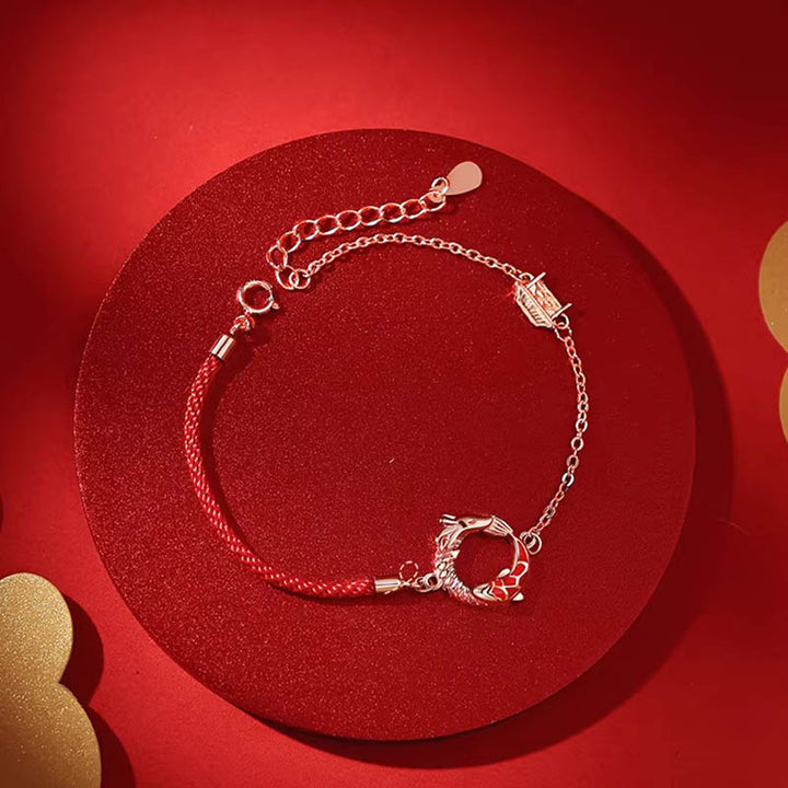 Braccialetto di protezione della fortuna con pesce koi in rame e pietre Buddha Stones in argento sterling 925 dell'anno del drago