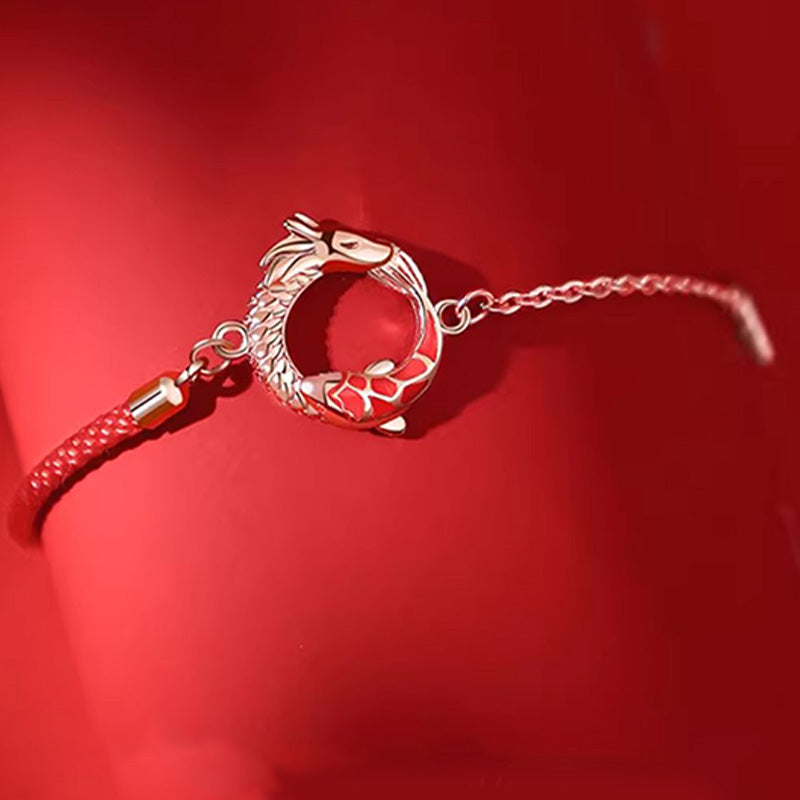 Braccialetto di protezione della fortuna con pesce koi in rame e pietre Buddha Stones in argento sterling 925 dell'anno del drago