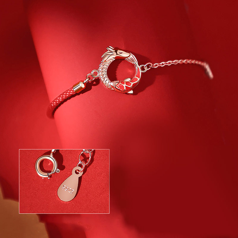 Braccialetto di protezione della fortuna con pesce koi in rame e pietre Buddha Stones in argento sterling 925 dell'anno del drago