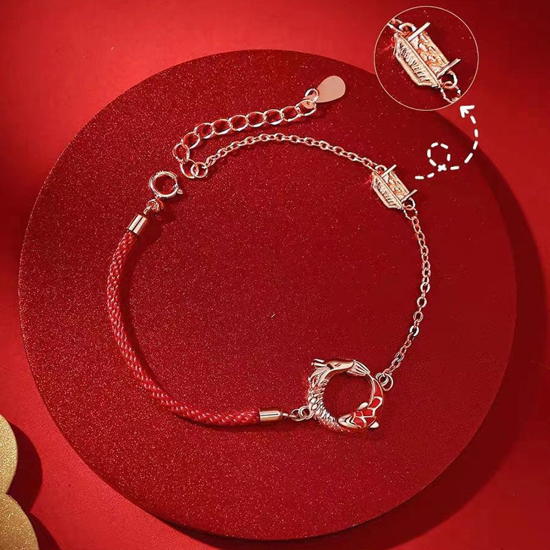 Braccialetto di protezione della fortuna con pesce koi in rame e pietre Buddha Stones in argento sterling 925 dell'anno del drago