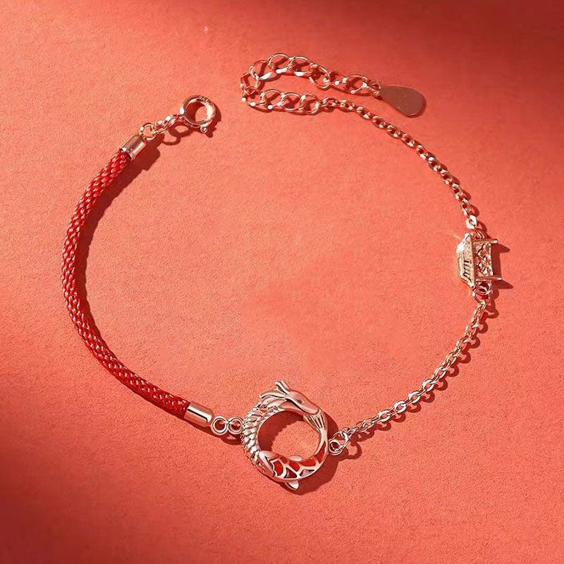 Braccialetto di protezione della fortuna con pesce koi in rame e pietre Buddha Stones in argento sterling 925 dell'anno del drago