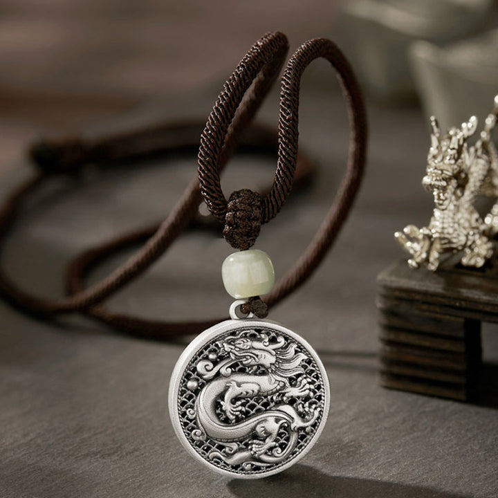 Buddha Stones 999 Sterling Silver Anno del Drago Fu Carattere Hetian Giada Collana Pendente Successo