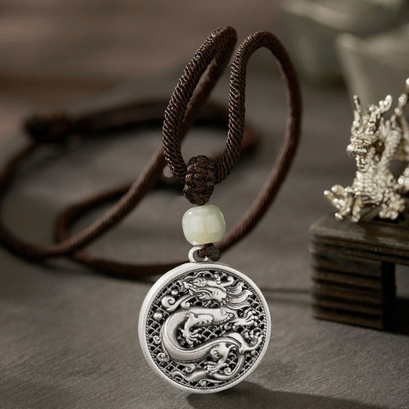 Buddha Stones 999 Sterling Silver Anno del Drago Fu Carattere Hetian Giada Collana Pendente Successo - Personaggio di Dragon Fu - image 0