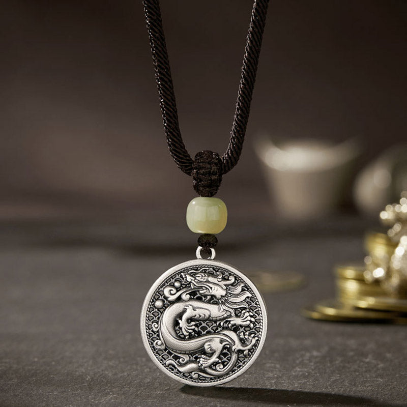 Buddha Stones 999 Sterling Silver Anno del Drago Fu Carattere Hetian Giada Collana Pendente Successo
