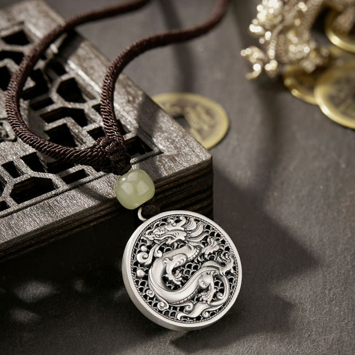 Buddha Stones 999 Sterling Silver Anno del Drago Fu Carattere Hetian Giada Collana Pendente Successo