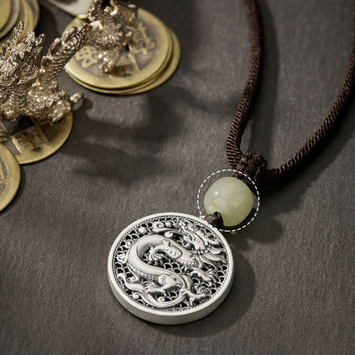 Buddha Stones 999 Sterling Silver Anno del Drago Fu Carattere Hetian Giada Collana Pendente Successo