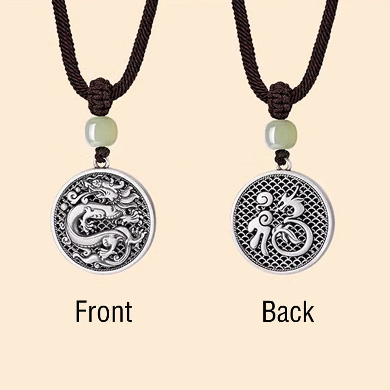 Buddha Stones 999 Sterling Silver Anno del Drago Fu Carattere Hetian Giada Collana Pendente Successo