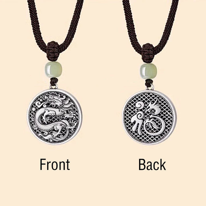 Buddha Stones 999 Sterling Silver Anno del Drago Fu Carattere Hetian Giada Collana Pendente Successo