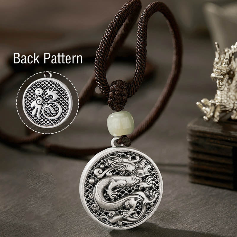 Buddha Stones 999 Sterling Silver Anno del Drago Fu Carattere Hetian Giada Collana Pendente Successo