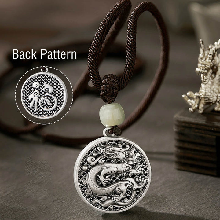 Buddha Stones 999 Sterling Silver Anno del Drago Fu Carattere Hetian Giada Collana Pendente Successo