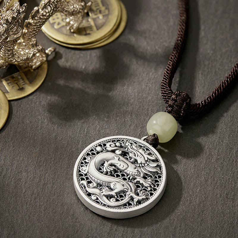 Buddha Stones 999 Sterling Silver Anno del Drago Fu Carattere Hetian Giada Collana Pendente Successo