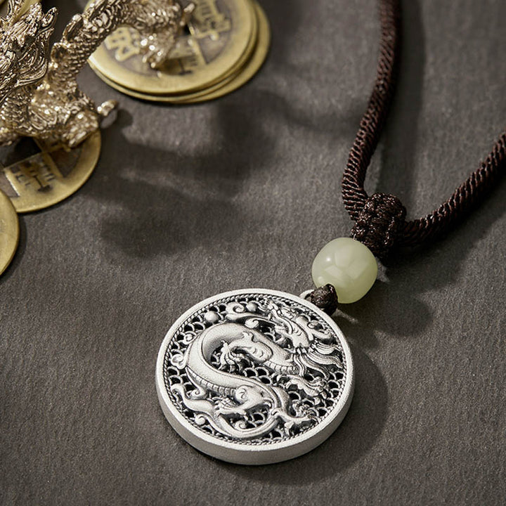 Buddha Stones 999 Sterling Silver Anno del Drago Fu Carattere Hetian Giada Collana Pendente Successo