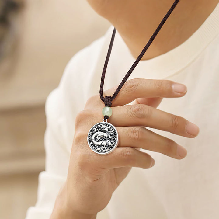 Buddha Stones 999 Sterling Silver Anno del Drago Fu Carattere Hetian Giada Collana Pendente Successo