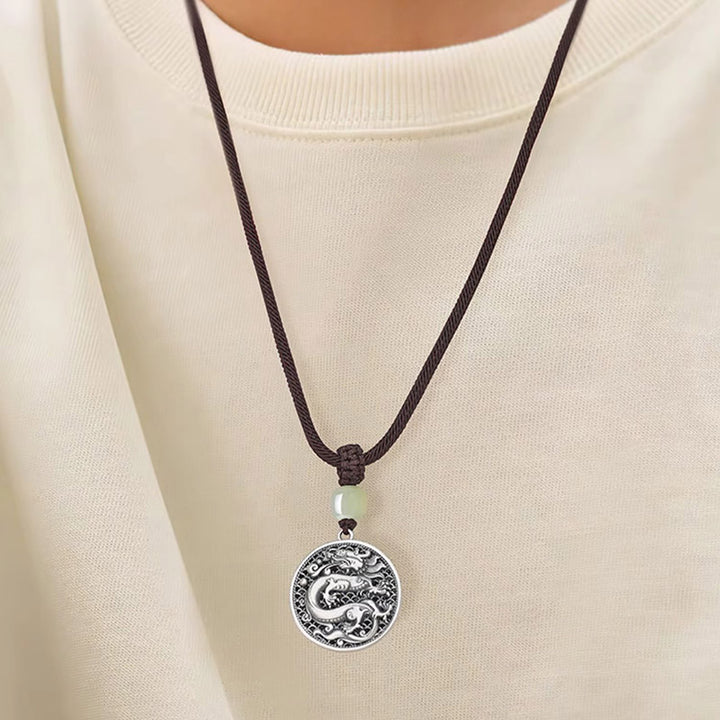 Buddha Stones 999 Sterling Silver Anno del Drago Fu Carattere Hetian Giada Collana Pendente Successo
