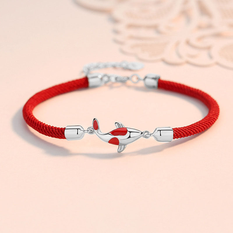 Braccialetto di coppia a catena intrecciata con pesce koi, fortuna e ricchezza, Buddha Stones - Bracciale rosso con pesce koi in argento (circonferenza polso 14-18 cm) - image 2