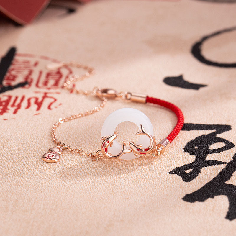 Braccialetto portafortuna con fibbia della pace, giada bianca, doppio pesce Koi, Buddha Stones