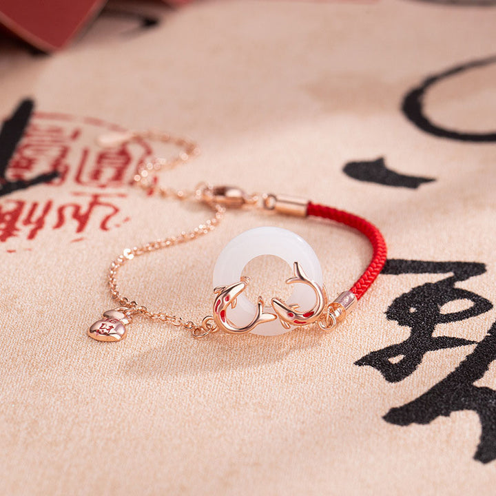 Braccialetto portafortuna con fibbia della pace, giada bianca, doppio pesce Koi, Buddha Stones