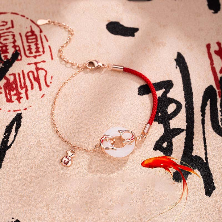 Braccialetto portafortuna con fibbia della pace, giada bianca, doppio pesce Koi, Buddha Stones