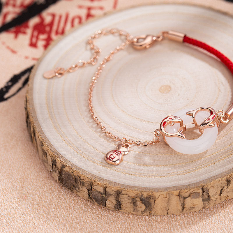 Braccialetto portafortuna con fibbia della pace, giada bianca, doppio pesce Koi, Buddha Stones