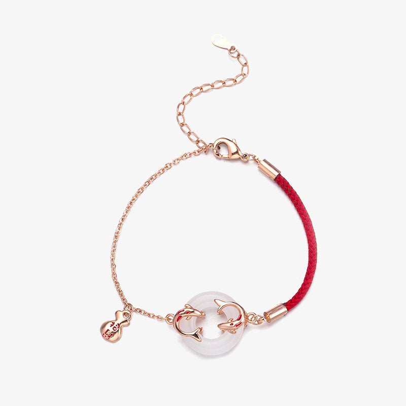 Braccialetto portafortuna con fibbia della pace, giada bianca, doppio pesce Koi, Buddha Stones