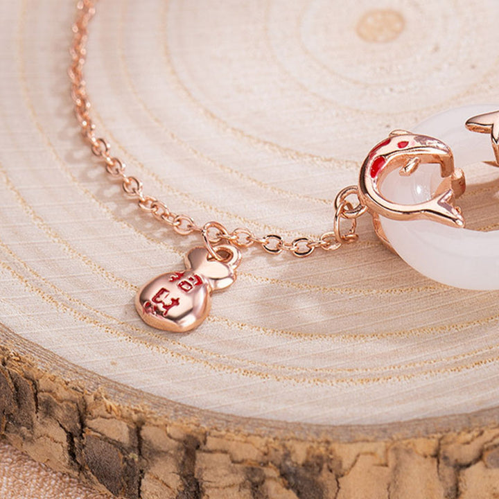 Braccialetto portafortuna con fibbia della pace, giada bianca, doppio pesce Koi, Buddha Stones