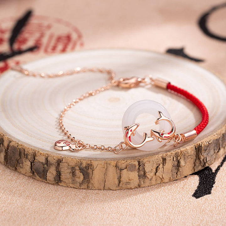 Braccialetto portafortuna con fibbia della pace, giada bianca, doppio pesce Koi, Buddha Stones