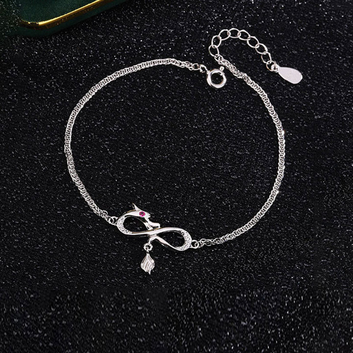 Braccialetto di protezione dalla fortuna con ciondolo a forma di nodo infinito in argento sterling 999 con zirconi dell'anno del drago Buddha Stones
