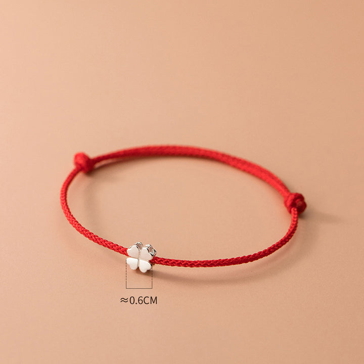 Braccialetto in corda rossa con quadrifoglio in argento sterling 925 Buddha Stones