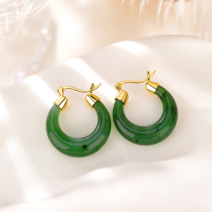 Orecchini pendenti in giada ciano Hetian naturale rotonda in argento sterling 925 placcato oro Buddha Stones