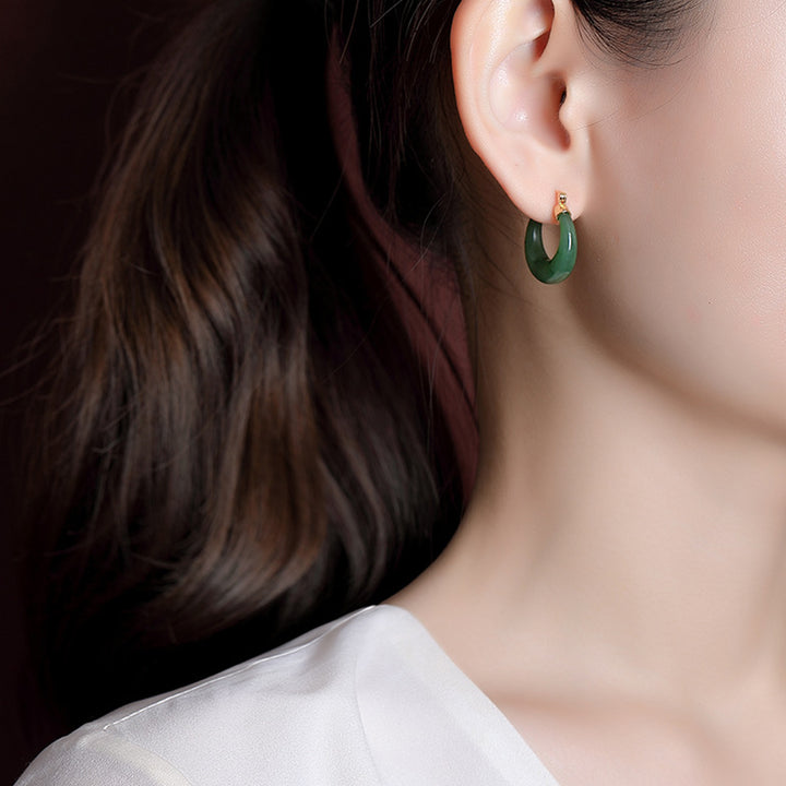 Orecchini pendenti in giada ciano Hetian naturale rotonda in argento sterling 925 placcato oro Buddha Stones