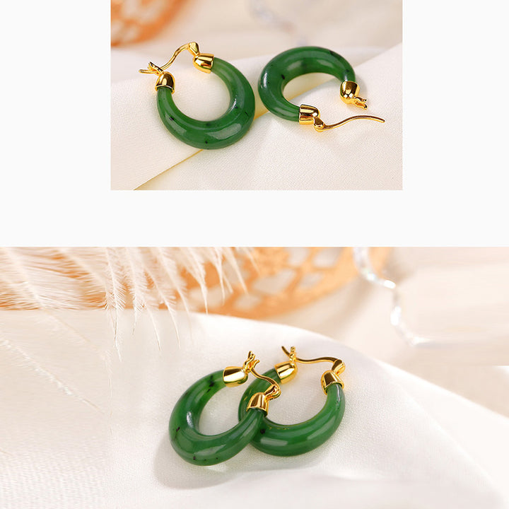 Orecchini pendenti in giada ciano Hetian naturale rotonda in argento sterling 925 placcato oro Buddha Stones