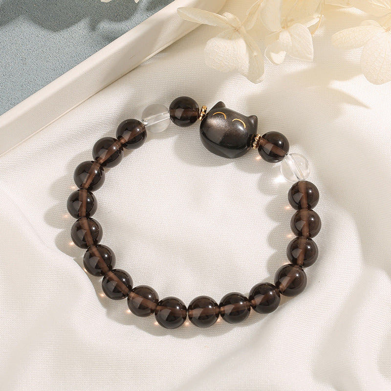 Braccialetto positivo con gatto carino e ossidiana lucida argento naturale Buddha Stones - image 3