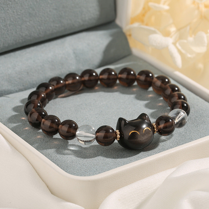 Braccialetto positivo con gatto carino e ossidiana lucida argento naturale Buddha Stones - 14-16 cm - image 1