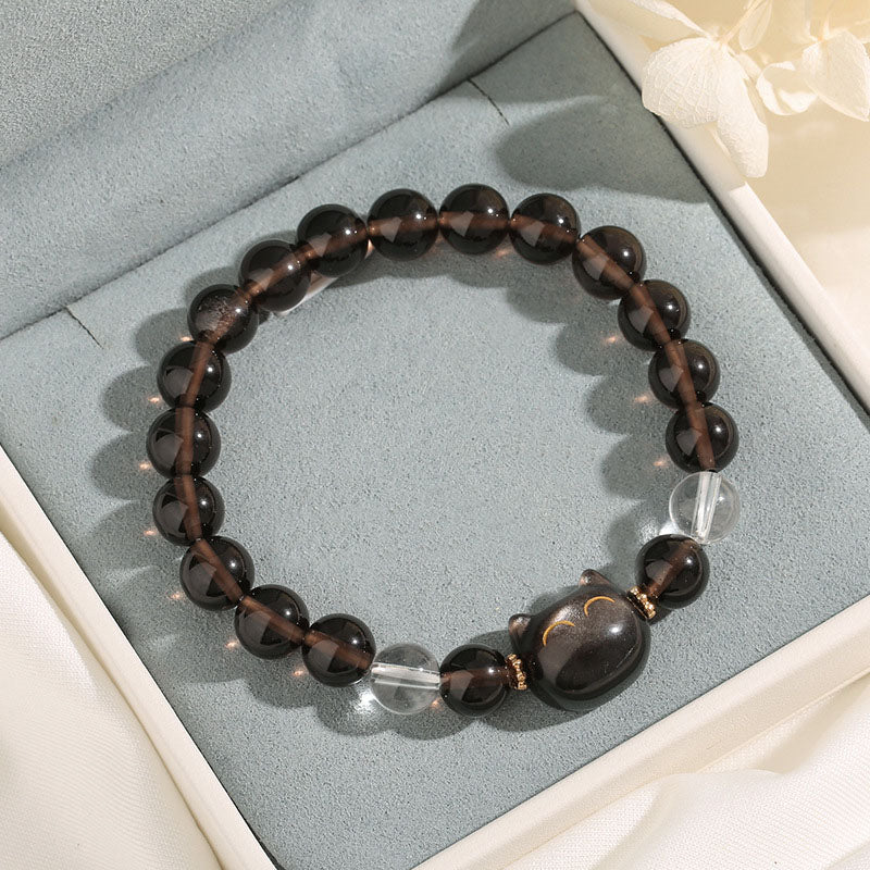 Braccialetto positivo con gatto carino e ossidiana lucida argento naturale Buddha Stones - image 2