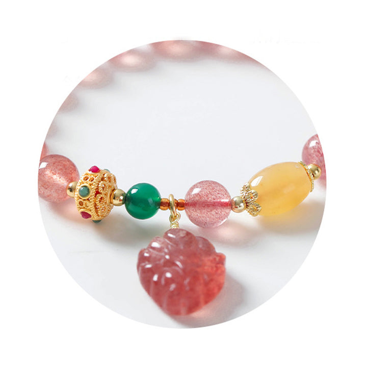 Braccialetto curativo Buddha Stones in quarzo fragola naturale con volpe a nove code
