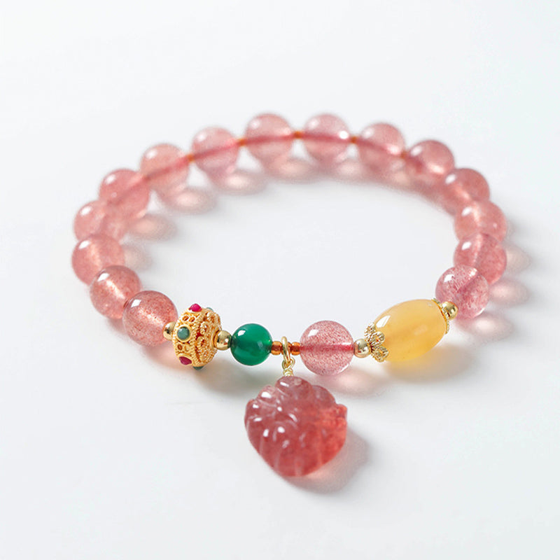 Braccialetto curativo Buddha Stones in quarzo fragola naturale con volpe a nove code