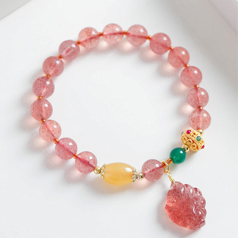 Braccialetto curativo Buddha Stones in quarzo fragola naturale con volpe a nove code