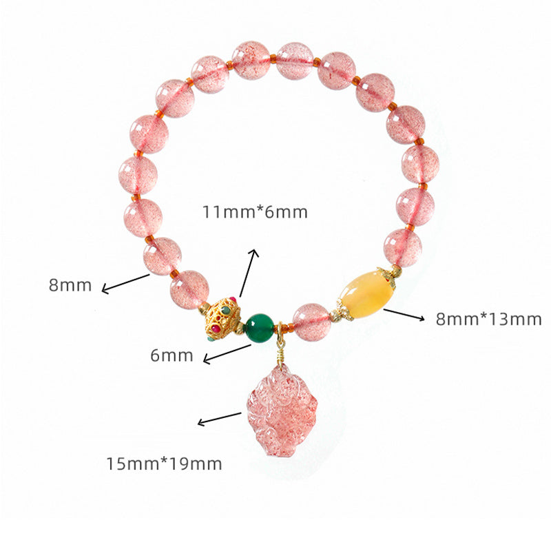 Braccialetto curativo Buddha Stones in quarzo fragola naturale con volpe a nove code