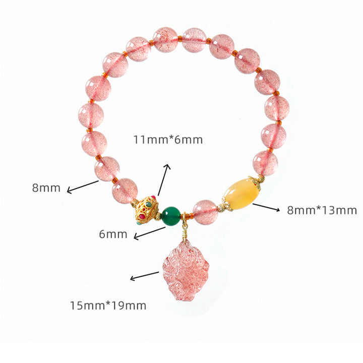 Braccialetto curativo Buddha Stones in quarzo fragola naturale con volpe a nove code