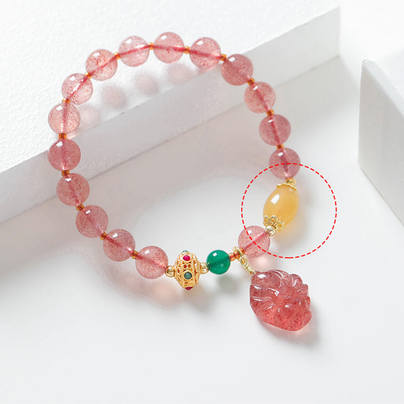 Braccialetto curativo Buddha Stones in quarzo fragola naturale con volpe a nove code